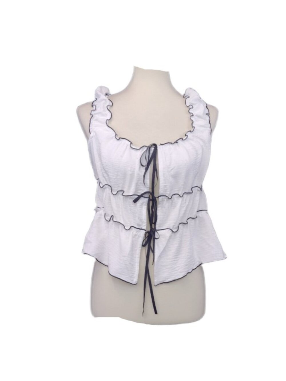 Kirious Los Angeles White Ruffle Tie-Front Blouse Large With Contrast Trim